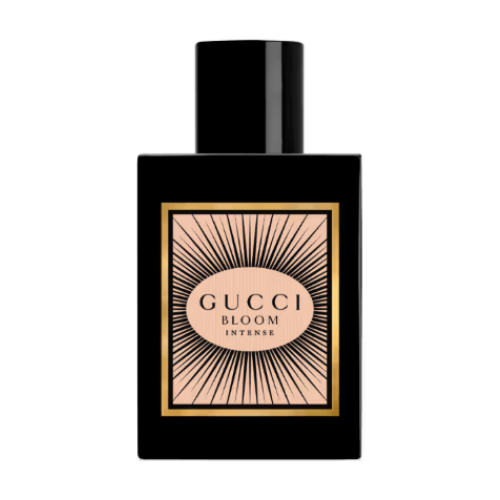 gucci bloom intense perfume with a black bottle and floral design packaging