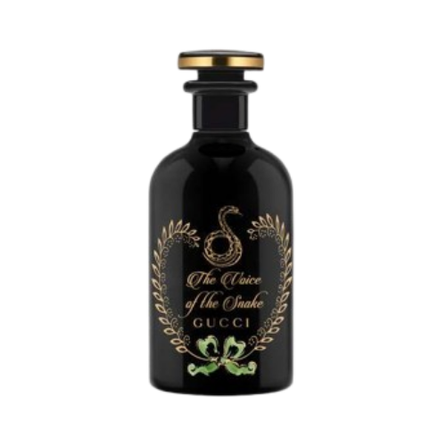 gucci the voice of the snake perfume in a black bottle with gold detailing