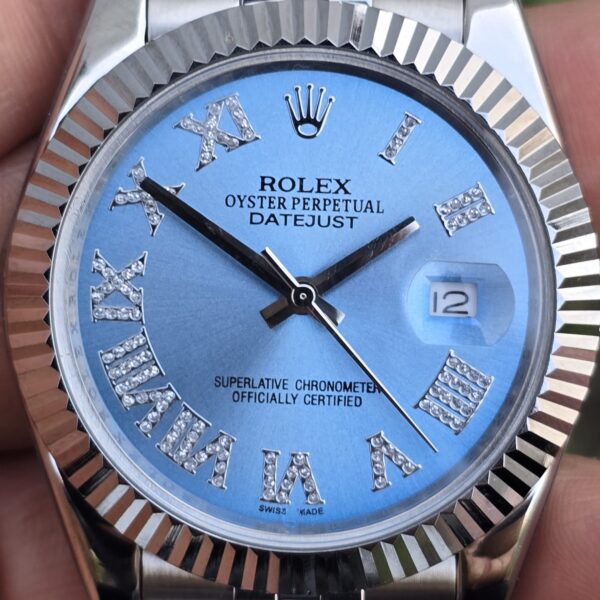 rolex datejust silver blue diamond roman figure