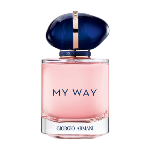 giorgio armani my way perfume in a blush pink glass bottle with a navy blue gemstone cap giorgio armani my way perfume in a blush pink glass bottle with a navy blue gemstone cap