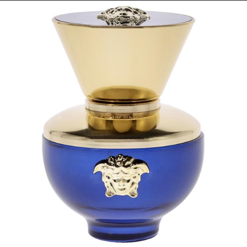 versace dylan blue pour femme eau de perfume in a deep blue bottle with a gold cap
