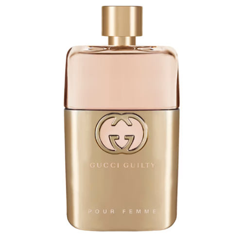 gucci perfume bottle with a metallic gold and peach design
