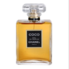 chanel coco eau de perfume with amber colored fragrance in a clear bottle with black and gold accents