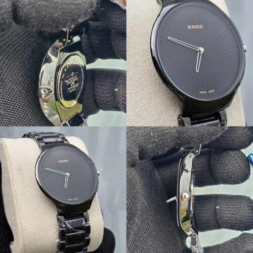 rado black ceramic bracelet watch with a minimalist black sunburst dial