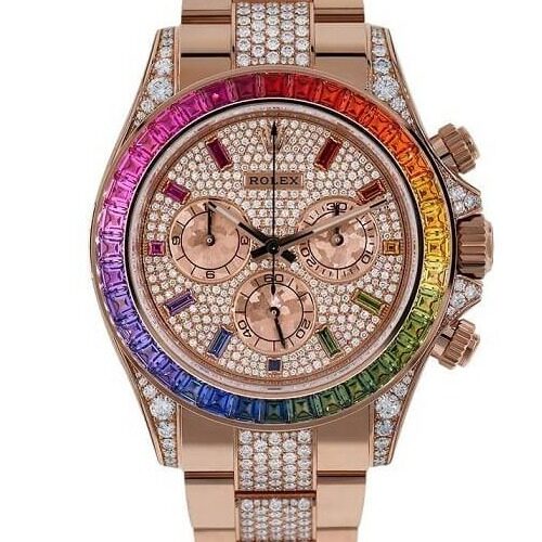 rolex daytona chronograph watch with an everose gold case and rainbow gem set bezel rolex daytona chronograph watch with an everose gold case and rainbow gem set bezel