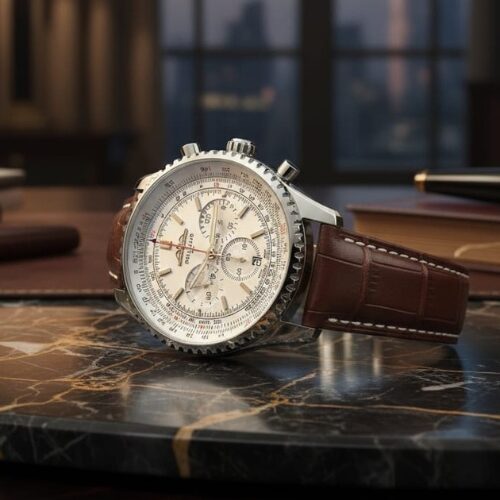 breitling watch with a silver dial and brown leather strap breitling watch with a silver dial and brown leather strap