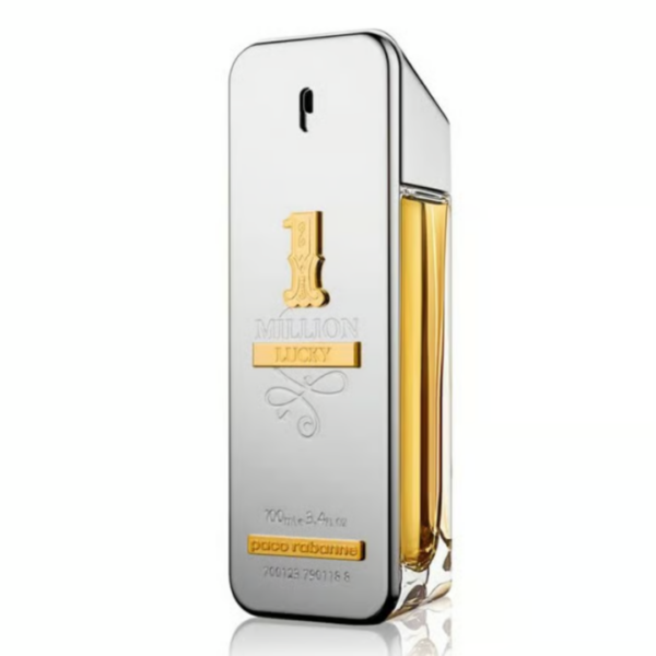 paco rabanne 1 million lucky metallic silver fragrance flask with gold logo