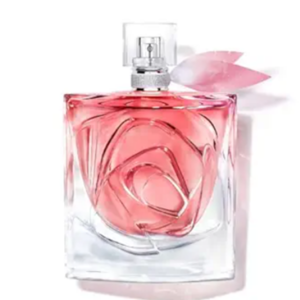 lancôme pink glass perfume bottle with silver tone cap and pink ribbon detail lancôme pink glass perfume bottle with silver tone cap and pink ribbon detail