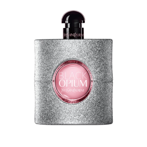 yves saint laurent black opium eau de perfum with a silver glitter bottle and pink accents yves saint laurent black opium eau de perfum with a silver glitter bottle and pink accents