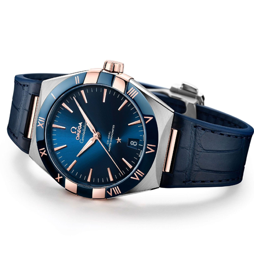 omega constellation co axial master chronometer 41 mm rose gold sliver blue